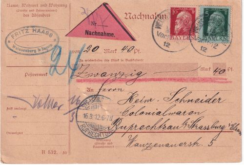 Bayern - 5+10 Pfg. Luitpold nachnahmekarte Weissenburg - Rupprechtsau 1912