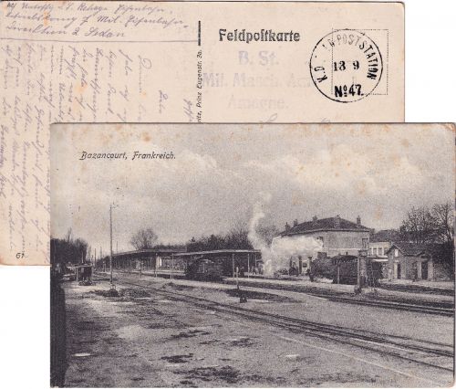 Frankreich - Bazancourt Bahnhof sw-AK gelaufen/Feldpost Amagne 1915