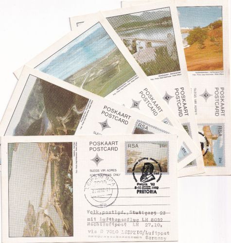 Südafrika - Staudämme 5 versch Ganzsachen Zuleitungspost LH-NACHT-Erstflüge 1992