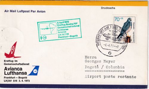 BRD - 70 Pfg. Jugend/Greifvögel LH-Erstflug Frankfurt a/M - Bogota 1973
