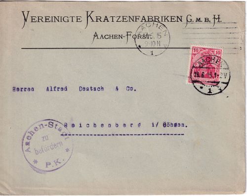 DR - 10 Pfg. Germania Brief n. ÖSTERREICH Aachen 1915 - Zensur AAchen Stadt PK