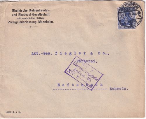 DR - 20 Pfg. Germania Brief i.d. SCHWEIZ Mannheim 1915 Zensur Freiburg XIV. AK