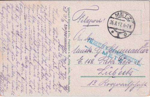DR - Metz 1917 Feldpostkarte (AK Ludwigstaden) n. Lübeck - Zensur-L2 Üst. Metz