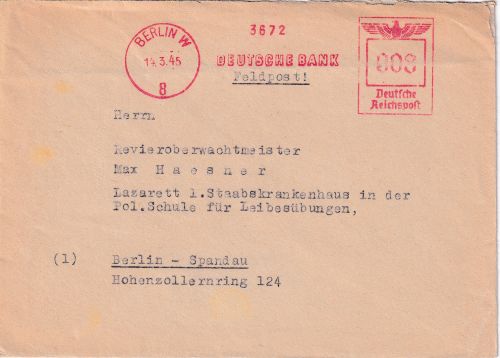 DR - Berlin W8 - 14.3.45 - 8 Pfg. AFS "Deutsche Bank" Ortsbrief - Endphase !