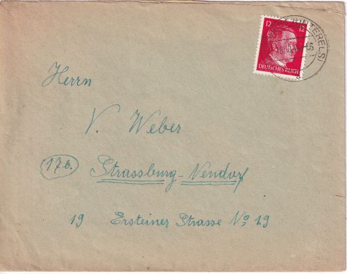 DR - 12 Pfg. AH Brief Hindisheim (Unteresl.) - Stra0burg 18.10.44 Spätphase !
