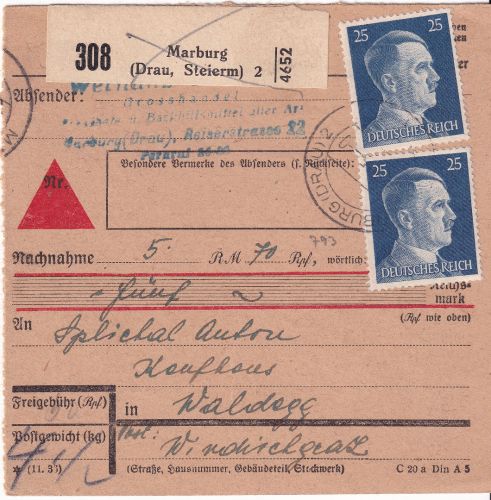 DR - 2x25 Pfg. AH Nachnahme-Paketkarte Marburg (Drau) - Waldegg 1945