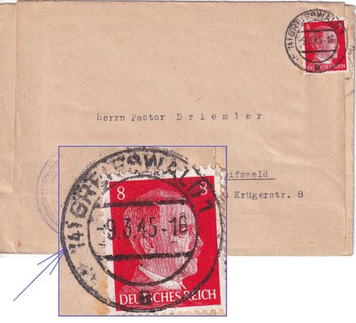 DR - 8 Pfg. AH Ortsbrief (Notkuvert) (14) Greifswald 9.3.45