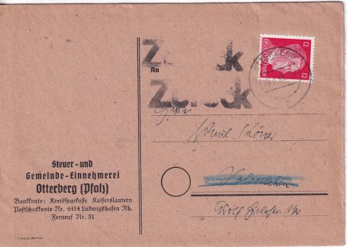 DR - 12 Pfg AH Brief Otterberg - Hohenacker 26.2.45 - L1 "Zurück" - Endphase !