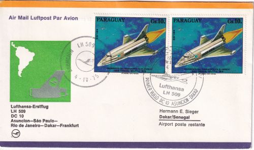 Paraguay - 2x10 Gs. Spaceshuttle LH-Erstflug Asuncion - Dakar 1975