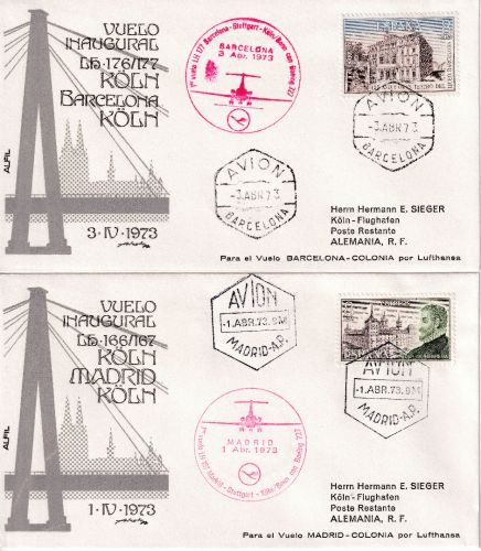 Spanien - Lufthansa Erstflug Madrid/Barcelona - Köln 2 Schmuckkuverts 1973