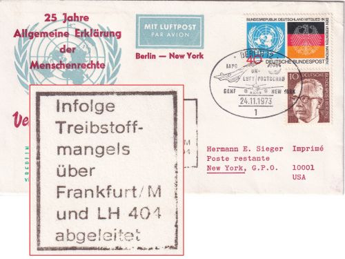 BRD - "In Folge Treibstoffmangels..." Sonderflug Berlin - New York 1973