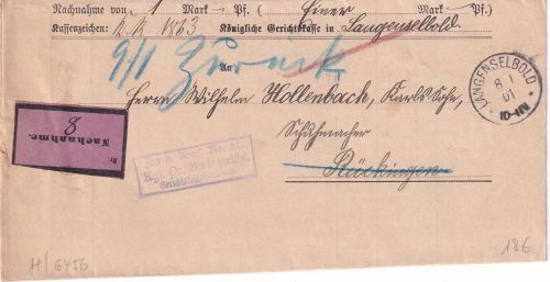 DR - Langensebold 1901 Nachnahme-Streifband/Frei d. Ablösung n. Rückingen/retour