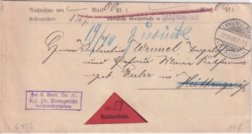 DR - Langensebold 1910 Nachnahmebrief/Frei d. Ablösung n. Hüttengesäss/retour