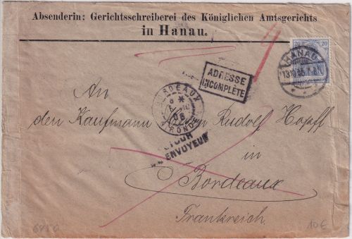 DR - 20 Pfg. Germania Brief n. FRANKREICH Hanau - Bordeaux 1906 Retour