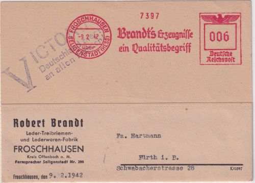 DR - Froschhausen ü. Seligenstadt 1942 6 Pfg. AFS Karte n. Fürth Propaganda-L3