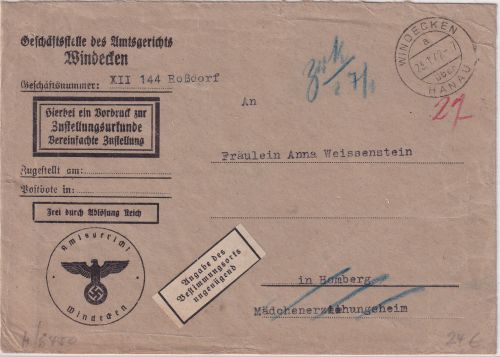 DR - Windecken ü. Hanau 1942 Poststelle I Zustellurkunde/Frei d. Ablösung Retour