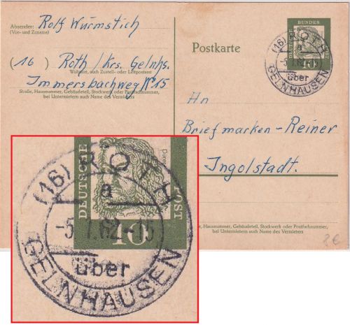 BRD - (16) Roth ü. Gelnhausen Poststelle I ganzsache n. Ingolstadt 1962