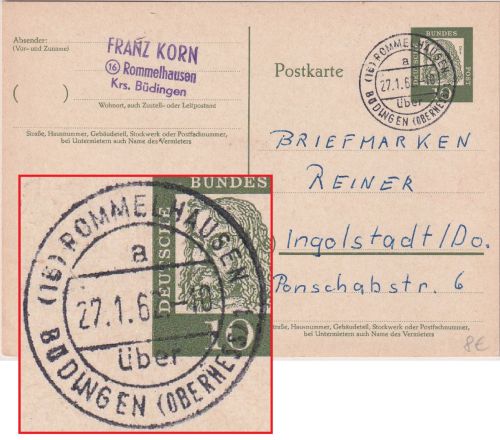 BRD - (16) Rommelhausen ü. Büdingen Poststelle I Ganzsache n. Ingolstadt 1962