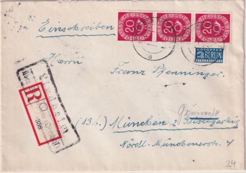 BRD - 3x20 Pfg. Posthorn Einschreibebrief Lindheim - München 1952 R-Zettel !!