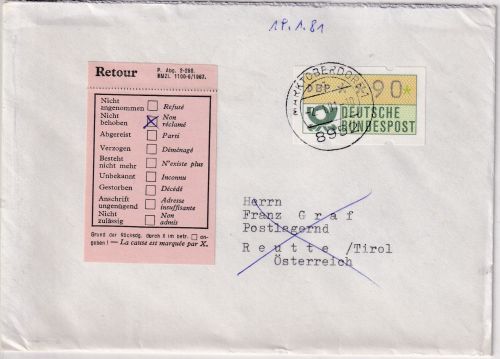 BRD - 90 Pfg. ATM Einzelfrankatur Brief/FDC n. ÖSTERREICH Marktoberdorf 2.1.81