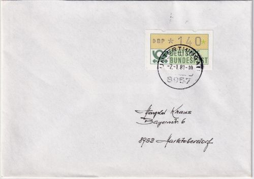 BRD - 140 Pfg. ATM Einzelfrankatur Brief/FDC 51-100g Unterthingau 2.1.81