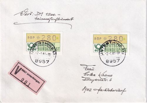 BRD - 2x280 Pfg. ATM Mehrfachfrankatur Wertbrief(1500)/FDC Unterthingau 2.1.81