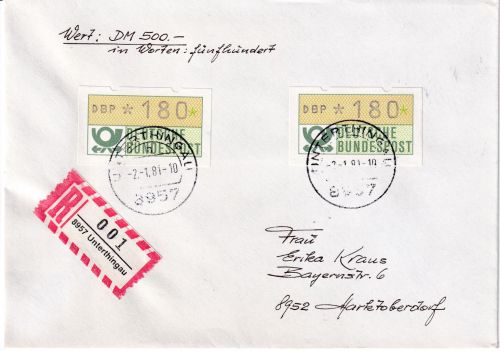 BRD - 2x180 Pfg. ATM Mehrfachfrankatur Wertbrief (500)/FDC Unterthingau 2.1.81