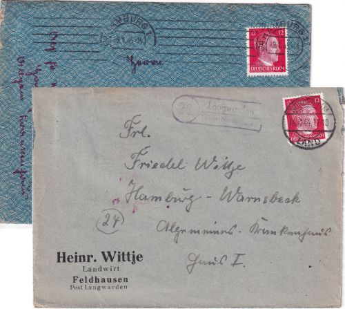 DR - (24) Hamburg 9.1.45 Maschinenstempel Not(wende)kuvert n. Langenwarden