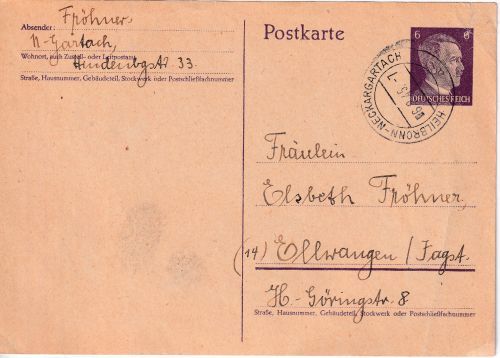 DR - Heilbronn-Neckargartach 5.2.45 Ganzsache n. Ellwangen - Text !! Endphase