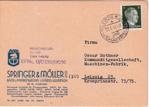 DR - 5 Pfg. AH Firmen-Ortskarte (10) Leipzig W35 - 27.3.45 - Endphase!