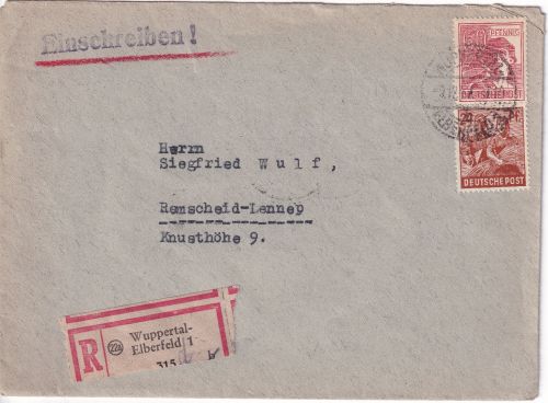 All.Bes. - 60+24 Pfg. Arbeiter Einschreibebrief Wuppertal-Elberfeld 1 1947