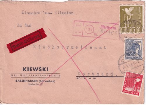 All.Bes. - 1 M. Taube u.a. Eilboten-Einschreibebrief >20g Illertissen 1948