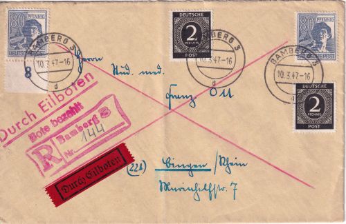 All.Bes. - 2x2+2x80 Pfg. Ziffer/Arbeiter Eil-Einschreibebrief Bamberg 3 1947