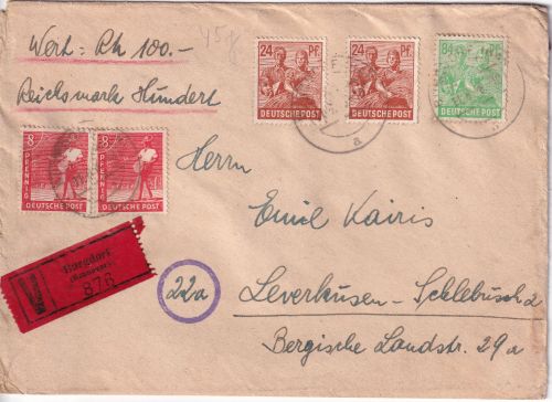 All.Bes. - 84 Pfg. Arbeiter u.a. Wertbrief/100 RM Burgdorf - Leverkusen 1948