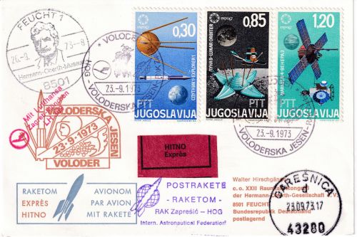 Jugoslawien - Postrakete Raketom HOG Voloder - Feucht 1973 Schmuck-Eilkarte