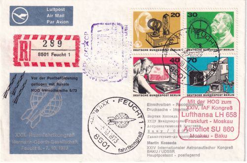 BRD - Raketenpost HOG Lupo-R-Brief Feucht - Baku/XII. Raumfahrtkongress 1973
