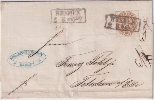 Preussen - 3 Sgr. Adler Ra2 Bremen 2/3 Brief n. ÖSTERREICH 1864