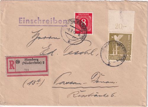 All.Bes. - 1 M. Taube Oberrand/ndgz u.a. Einschreibebrief Homberg 2 1947