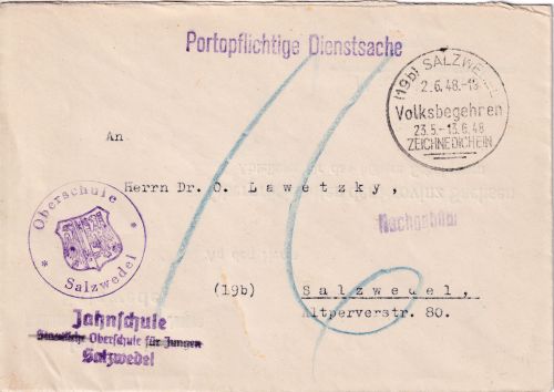 All.Bes. - (19b) Salzwedel 1948 Volksbegehren Handwerbestpl. Ortsbrief Nachporto