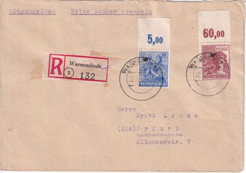 All.Bes. - 50+60 Pfg. Arbeiter OBERRAND dgz Einschreibebrief Warnemünde 1948