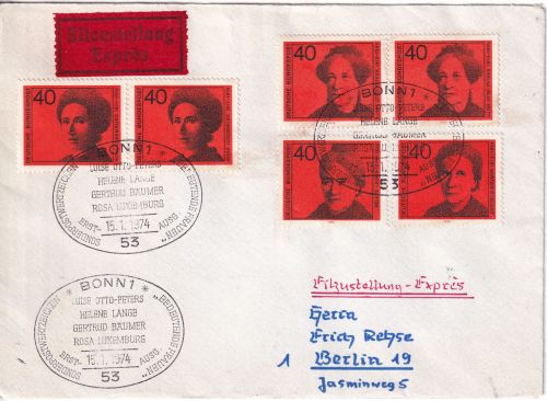 BRD - Frauenrechtlerinnen Satz u.a. Eilbrief/FDC ESST Bonn - Berlin 15.1.74