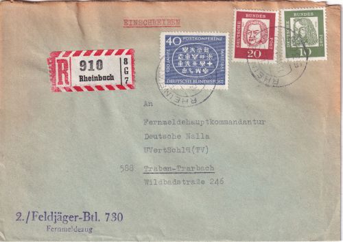 BRD - Rheinbach Einschreibebrief n. Traben-Trarbach 1963 Abs. Feldjäger !