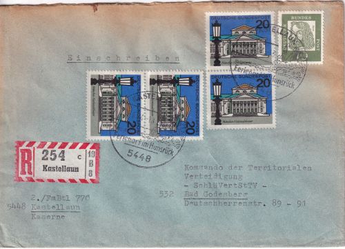 BRD - Kastellaun Einschreibebrief n. Bad Godesberg 1964 Abs. Fernmelder