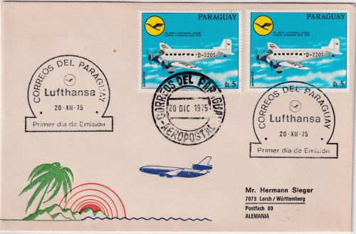 Paraguay - 2x5 G. 50 J. Dt. Lufthansa Luftpostbrief/FDC n. Lorch