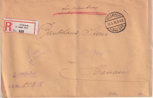 DR - Villbach b. Bad Orb Einschreiben-Heeressache n. Hanau 1918