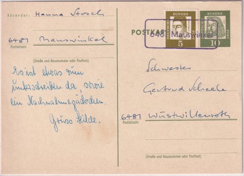 BRD - 6481 Mauswinkel Ra2 Poststelle i Ganzsache n. Wüstwillenroth