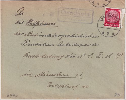 DR - Gundhelm ü. Schlüchtern Landpost-Ra2 Brief n. München 1936