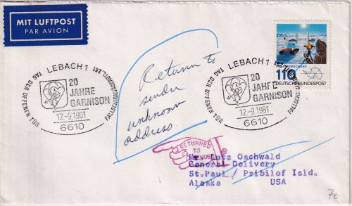 BRD - Lebach 1981 SST 20 J. Garnison Luftspostbrief n. USA/ALASKA