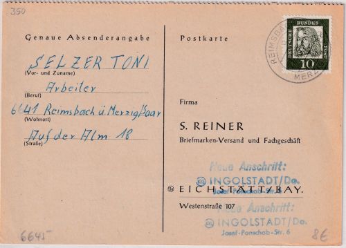 BRD - Reimsbach ü. Merzig Poststelle I Karte n. Ingolstadt 1962