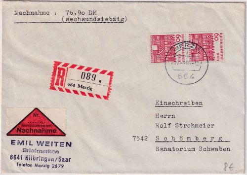 Berlin - 2x60 Pfg. kl. Bauwerke Nachnahme-Einschreibebrief Merzig 1965